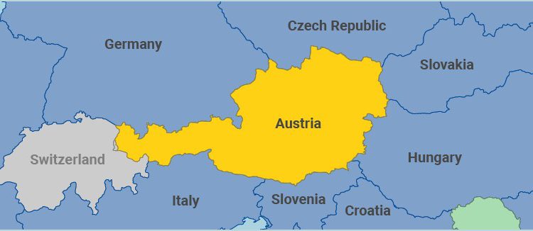 نقشه کشور اتریش در مرکز اروپا